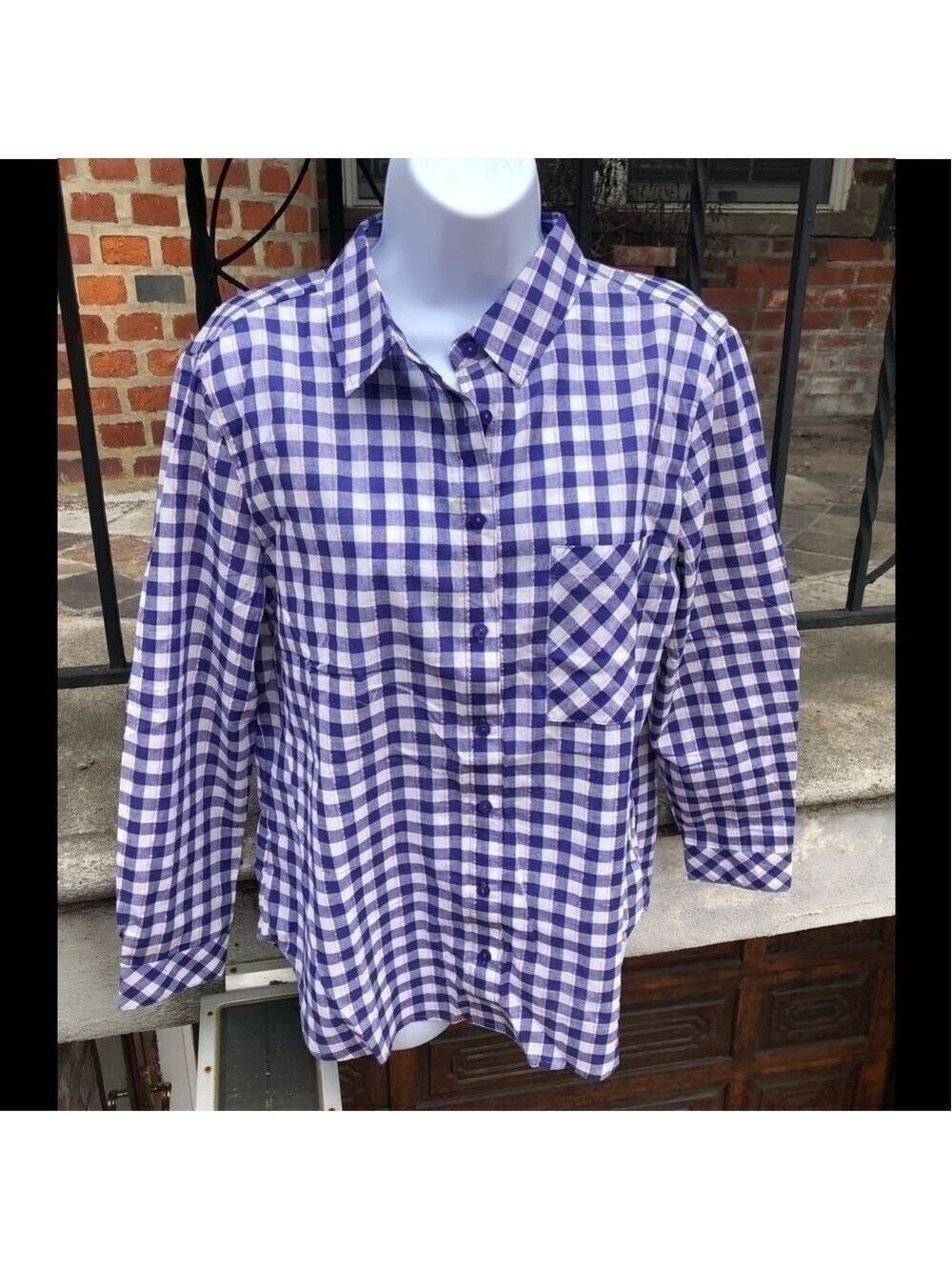 Hester And Orchard Gingham Checkered Button Down Shirt Blue White M - Picture 3 of 16